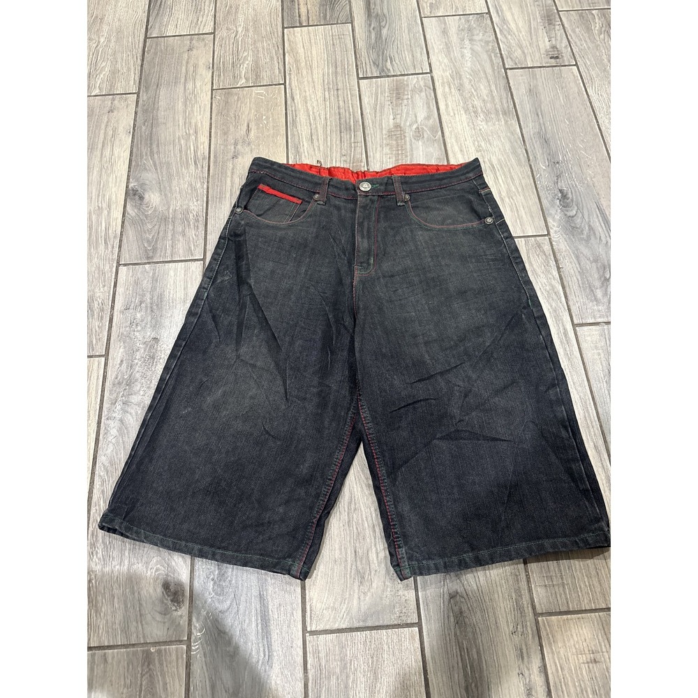 SATIN in the HOOD Men's Denim Shorts Size 34 Black Red Stitching Plaid Pockets
